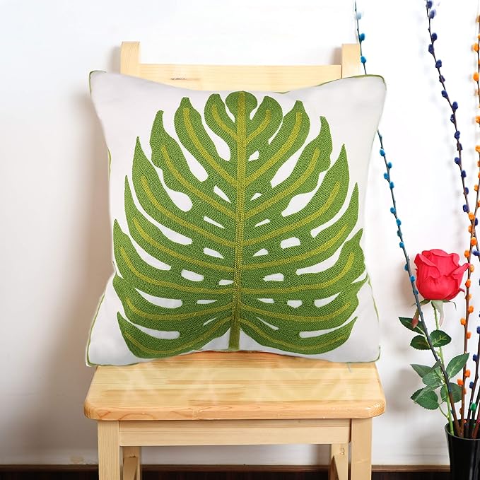 Embroidery Throw Pillow Cover 18x18 Home Decor Green Leaf Floor Pillow Cover for Couch 100% Cotton Cushion Cover Pillowcase Tropical Monstera Leaves Embroidered 45x45cm, 1 Piece