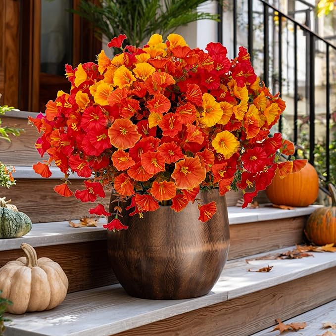 AXYLEX Artificial Fall Flowers Outdoor Fake Mums - 16 Bundles Fake Plants UV Resistant No Fade Faux Plastic Greenery Garden Morning Glory Home Decor (1, MixedFall 4 Colors)