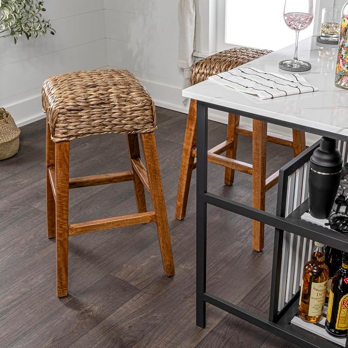 JONATHAN Y Maui Coastal Woven Water Hyacinth Bar Stool, Mango Wood Frame, 30" Backless Barstool for Kitchen Island with Integrated Footrest, Fully Assembled, Coastal, Brown Wash BSL1101A