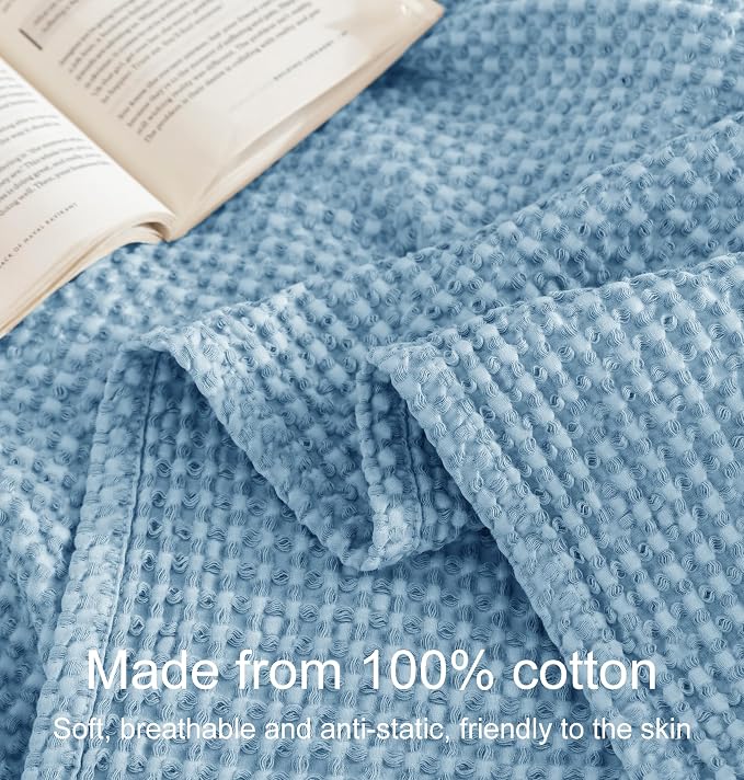 Talasily 100% Cotton Blanket King Size for Bed - Spring and Summer Cooling Lightweight & Breathable Bedding -Soft Waffle Weave Christmas Blanket, Machine Washable,Navy Blue,108x90 Inches
