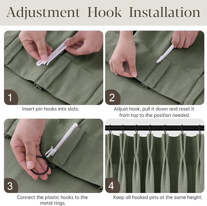 Sage Green Pinch Pleated Linen Curtains 90 Inches Long for Living Room Bedroom with Rings Hooks Clips Back Tab Semi Sheer Curtains Light Filtering Boho Farmhouse Drapes Light Green