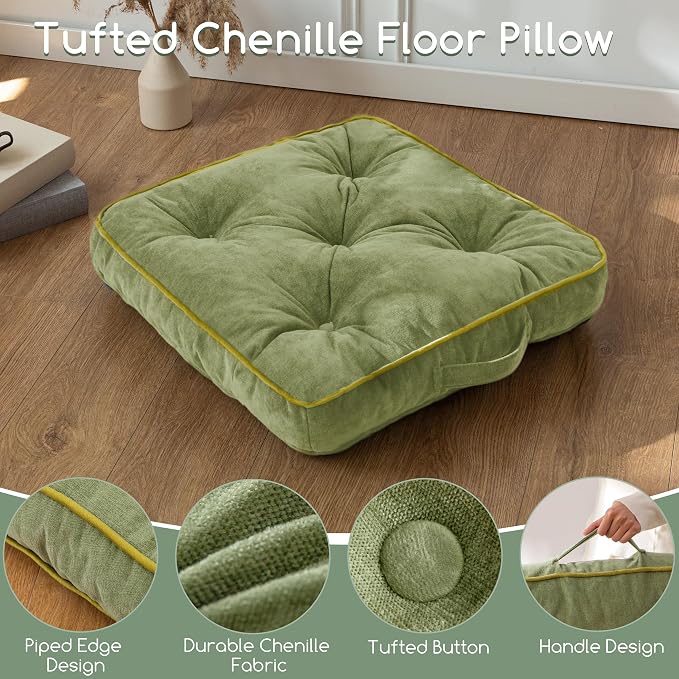 HIGOGOGO Large Floor Pillow Cushion for Adults, Meditation Cushion Pillow with Handle, Lustrous Chenille Tufted, Square Floor Sitting for Tatami Living Room or Yoga, 22x22 Inch, 2Pack, Green