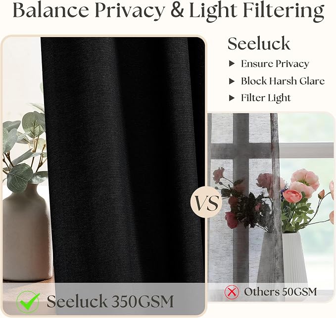 Black Pinch Pleated Semi Sheer Linen Curtains 90 Inch Long for Living Room | Light Filtering Privacy, Bedroom Dorm Dining Room, Flax Textured, Hook Rings Memory Shape Pinch Pleat, Elegant Luxury, Drapes