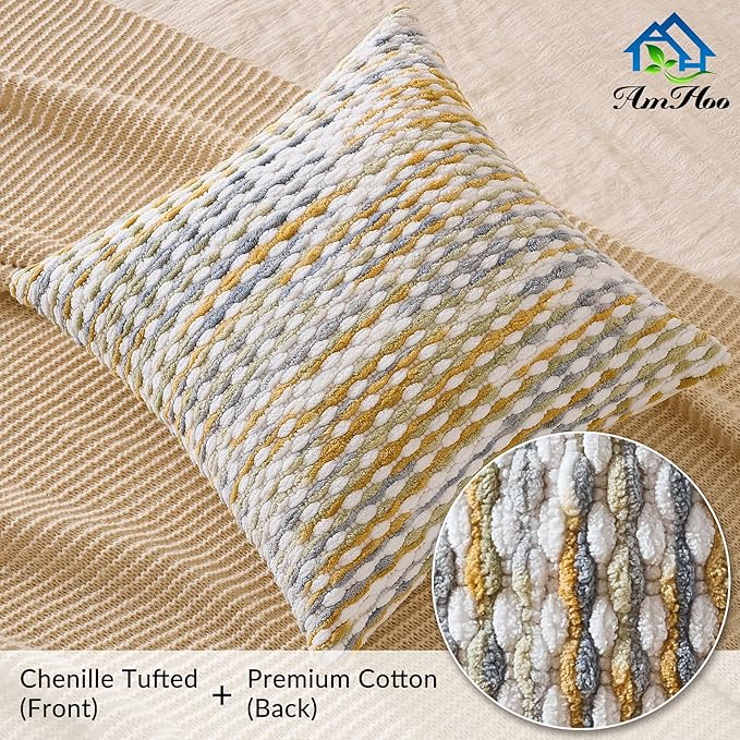 AmHoo Boho Chenille Pillow Cover Decorative Tufted Pillowcase for Couch Bed Sofa Bedroom Living Room Modern 18 x 18-Inch Grey