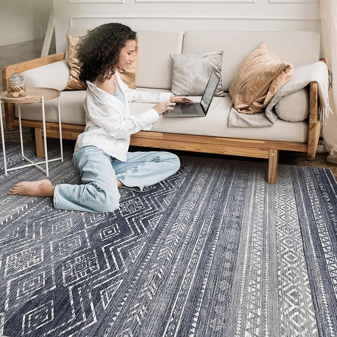 Tortania Area Rug Living Room Rugs- 12x18 Washable Large Soft Neutral Boho Moroccan Bohemian Farmhouse Rug Indoor Floor Carpet for Bedroom Under Dining Table Home Office Decor - Blue Gray