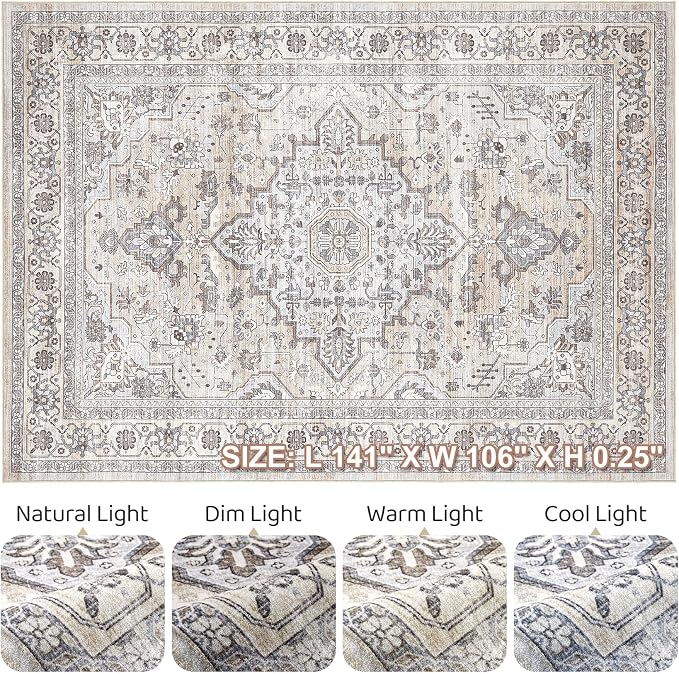 9x12 Area Rug Living Room: Washable Boho Large Neutral Vintage Soft Rugs Stain Resistant Farmhouse Non Slip Indoor Floor Carpet for Bedroom Nursery Kids Playroom Office Dining Room Home- Ivory Gray