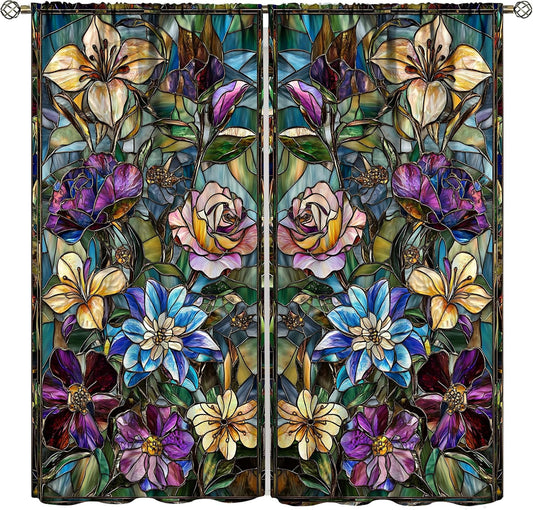 Stained Glass Curtains,Retro Colored Glass Flowers Art Home Decor Drapes for Bedroom Living Room Kitchen Window Treatment 2 Panels Set Total Size 55" W X 63" L Inch