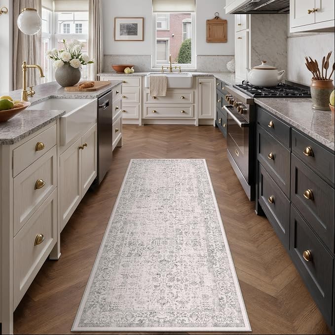 PureCozy Gray Runner Rug 2x7 Hallway Machine Washable Kitchen Vintage Distressed Non Slip Long Carpet Indoor Grey Retro Floral Bedroom Accent Throw Rug for Bathroom Office Laundry Dining Living Room
