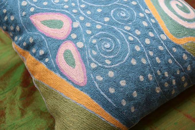 Klimt Blue Teal Modern Pillow Cover Blue - Soul | Mid Century Chair Cushions | Abstract Throw Pillows | Contemporary Pillowcase | Modern Couch Pillows | Hand embroidered Cushion | Wool Size 18x18