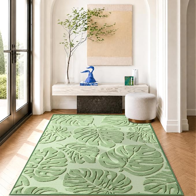 Sage Green Monstera Area Rug 6x9, High-Low Plush Pile Washable Rugs for Living Room Bedroom, Tropical Non Slip Nursery Carpet Soft Indoor Shag Rugs for Dining Room