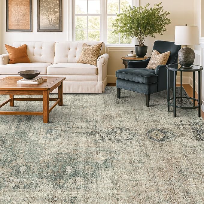 Hazo Haus Neutral Dark Rugs for Living Room - 6x9 Washable Rug for Dining Room Table, Bedroom Under Bed, Ultra-Thin Soft Textured Moss Green Indoor Decor