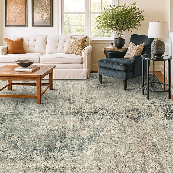 Hazo Haus Washable Moss Green 10x12 Area Rug for Living Room, Large Vintage Farmhouse Rug for Bedroom & Dining Room Under Table, Non-Slip Soft Low-Pile Stain Resistant