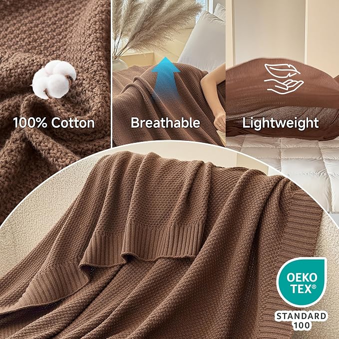Simple&Opulence 100% Cotton Blanket Queen Size, Solid Color Cable Knitted Blanket Super Soft Comfortable Breathable Decorative Farmhouse for Couch Sofa Bed, All Season Use(Coffee,90x90)
