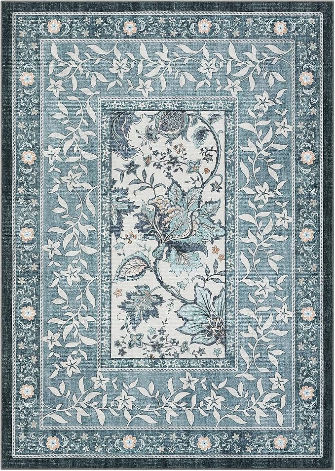 GarveeHome Provence Misty Blue 6x9 Area Rugs, Botanical Grove Vintage Cottagecore Non-Slip Washable Rug for Bedroom Living Room Nursery Kitchen Low-Pile Carpet