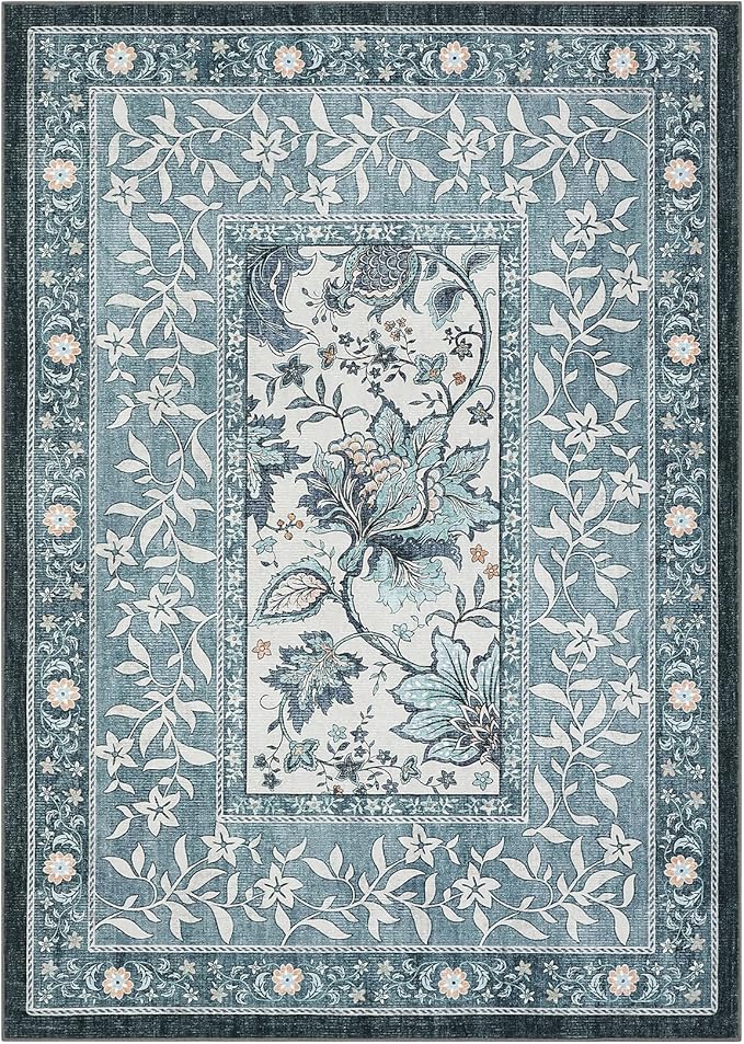 GarveeHome Provence Area Rugs 9x12 Living Room, Botanical Grove Retro Blue Cottagecore Washable Rug for Bedroom Dining Nursery Low-Pile Vintage Large Carpet