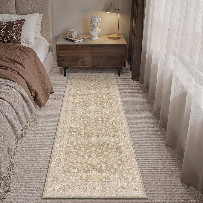2x6 Taupe Washable Runner Rug for Living Room Bedroom Neutral Soft Floral Non Slip Runner Rug Lightweight Vintage Low Pile Distressed Runner Kitchen Hallway Porch Beside Bed Bathroom