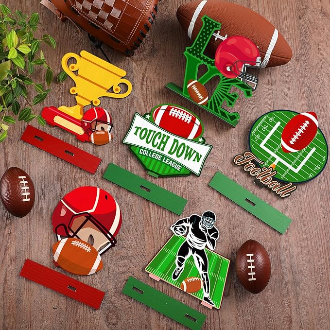 Cinnvoice 6 Pcs Football Table Decorations Wooden Table Centerpieces Rustic Wood Tabletop Sign Decorations for Home Kitchen Office Farmhouse Desk Shelves Party Tiered Tray Decor