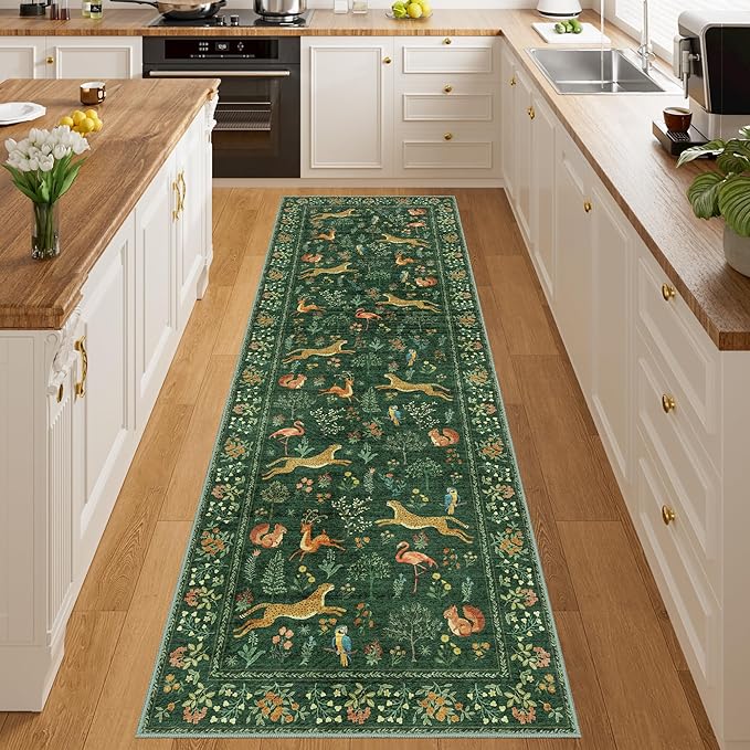 DUKINO 2.6x8 Rug for Hallway, Washable Kitchen Runner Rug with Non Slip Backing, Soft Low Pile Vintage Animal Runner for Bedroom, Kitchen, Hallway, Entryway, Laundry, Green