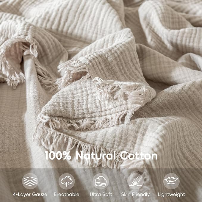 Muslin Fringe Blankets for Adults: 100% Cotton Cloud Soft | 4-Layer Gauze Breathable Lightweight All Season Throw Blanket for Bed Couch Sofa Office