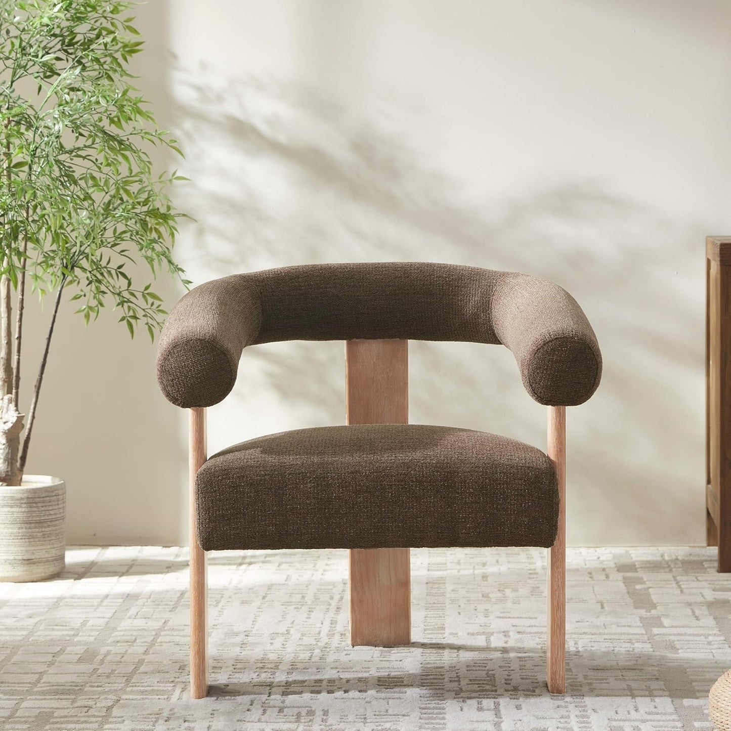 VKNOW Accent Chair Living Room Chair, Modern Upholstered Armchair with Solid Wood Legs, Comfy Barrel Arm Chairs for Living Room Bedroom, Brown