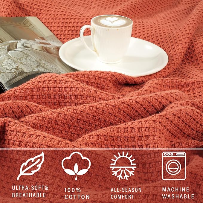 TreeWool Premium 100% Cotton Waffle Queen Blanket (90"x90", Rust) | Breathable Lightweight Moisture Wicking Soft Knit Thermal Blanket for Summer, Bed or Sofa All-season Comfort Machine Washable