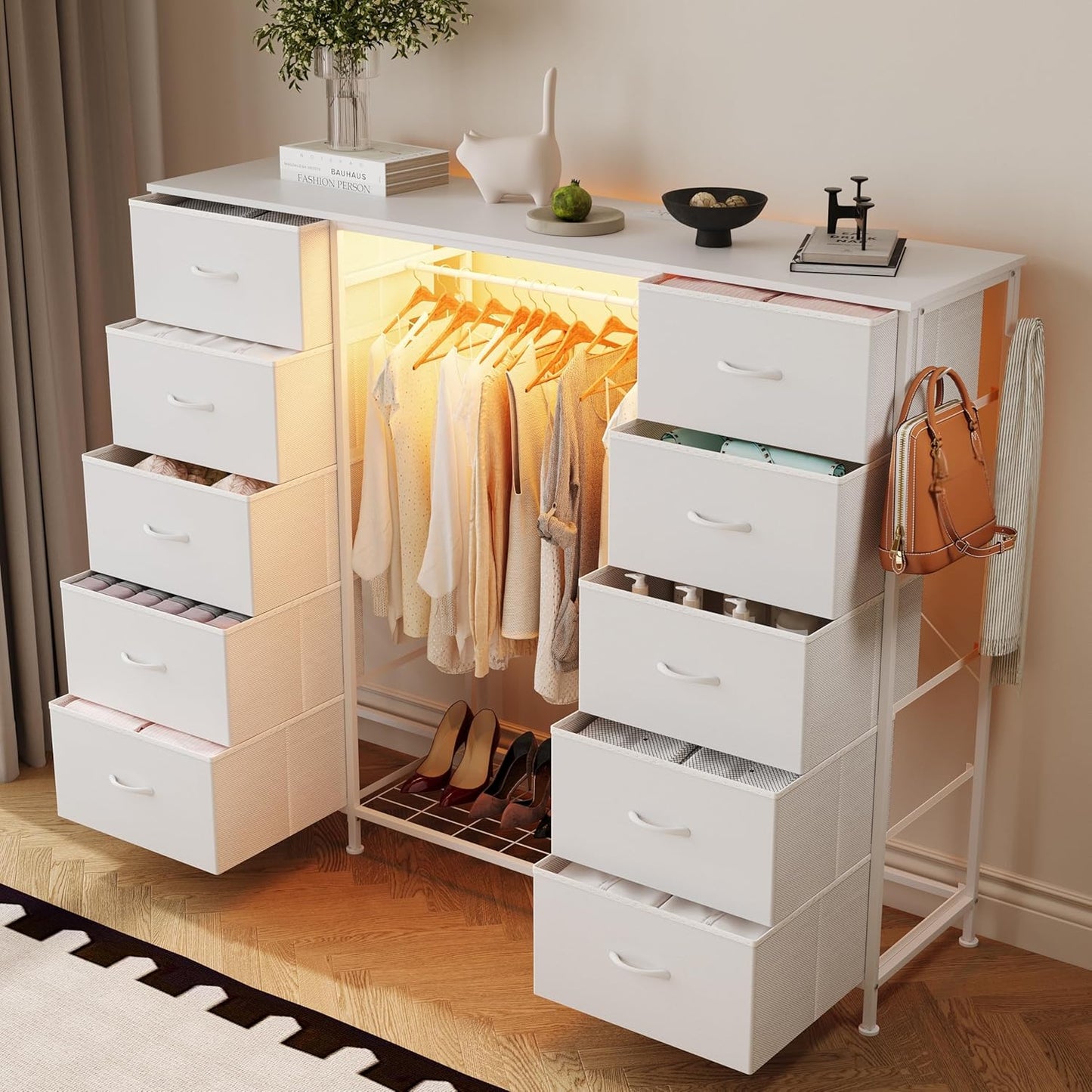 LUMTOK 55" W 2-in-1 Dresser with Hanging Rack, 10 Drawers Dresser for Bedroom, White Drawer Dressers with LED Lights, Charging Station and Hanging Racks for Bedroom