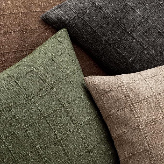 Foindtower Set of 2 Decorative Linen Check Throw Pillow Covers Neutral Farmhouse Vintage Cushion Covers Modern Boho Home Decor for Sofa Chair Couch Bedroom Living Room,22×22 Inch,Olive Green