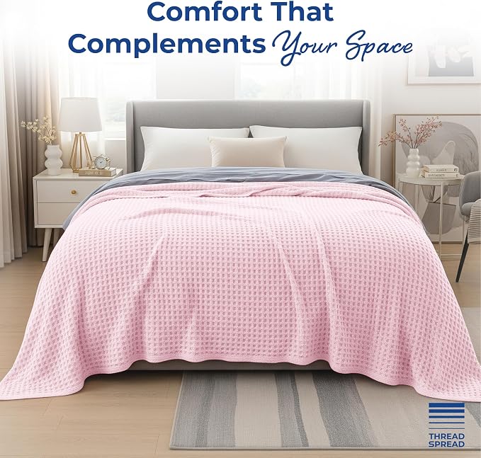 THREAD SPREAD 100% Cotton Waffle Blanket Queen Size - Soft Lightweight Breathable Waffle Weave Queen Blanket for All Season, Textured Throw Blankets for Bed, Sofa, Hotel, Hospital - Light Pink