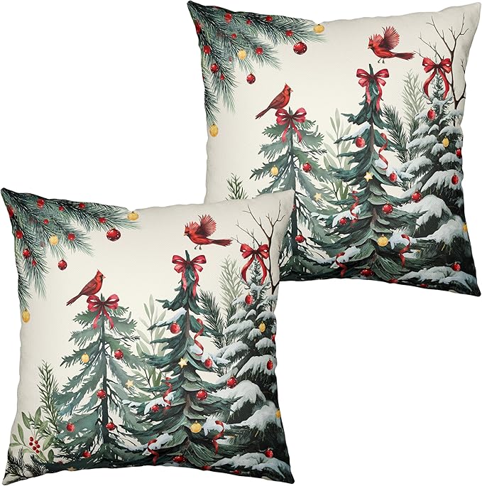 Set of 2 Christmas Tree Pillow Covers Snowy Pine Throw Pillow Covers 20x20 Green Xmas Tree Cardinal Bird Pillowcase Winter Holiday Cushion Case for Home Decor Couch Sofa