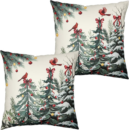 Set of 2 Christmas Tree Pillow Covers Snowy Pine Throw Pillow Covers 20x20 Green Xmas Tree Cardinal Bird Pillowcase Winter Holiday Cushion Case for Home Decor Couch Sofa