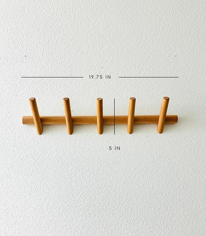 Modern 5-Hook Wooden Coat Rack, Decorative Coat Rack wall Mount for Bags, Hats, Purse, Heavy Duty, Sturdy, Natural Oak, wall Mounted Hooks