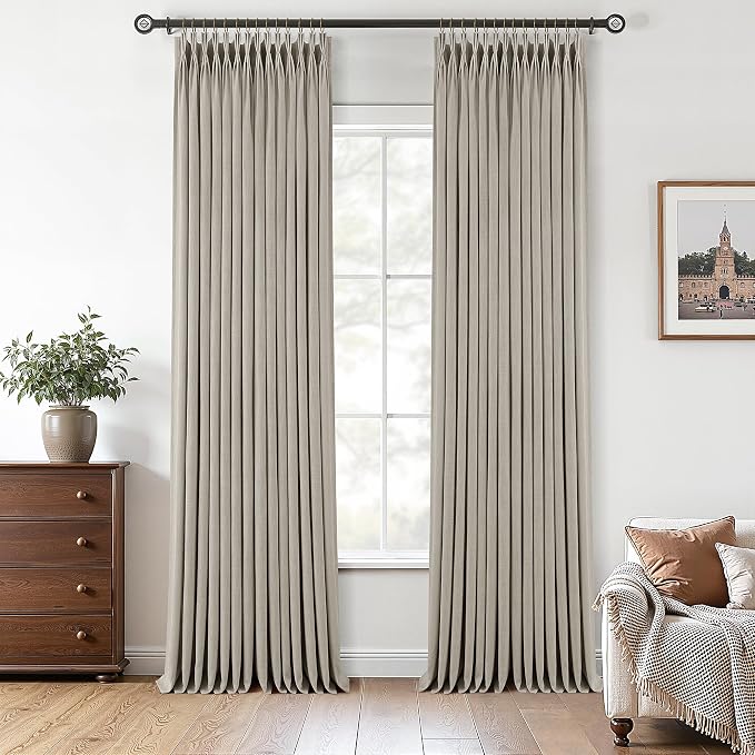 Grey Beige Pinch Pleated Curtains 96 Inches Long for Living Room 2 Panels Set Light Filtering Textured Linen Pinch Pleat Curtains 96 Inch Length Neutral Rustic Farmhouse Modern Window Curtain Drapes