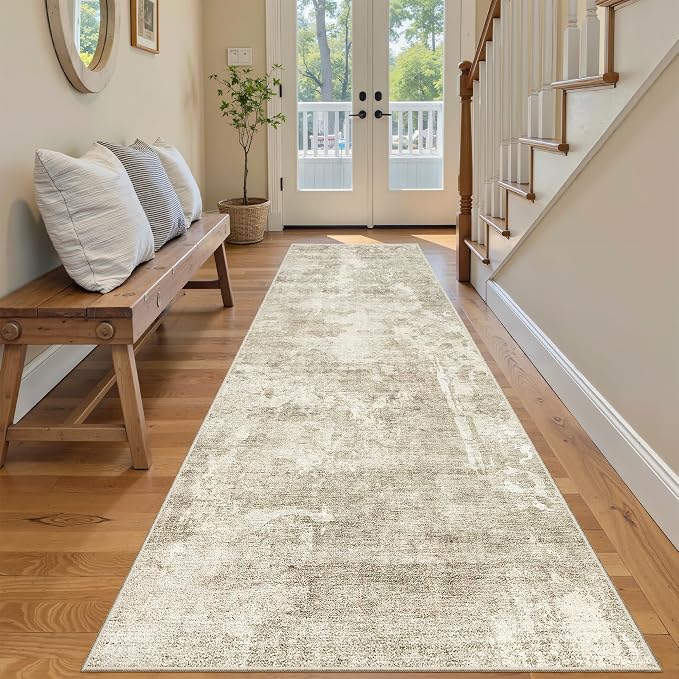 Soalmost Washable Runner Rug, 2'6" x 8' Non-Slip Kitchen Vintage Foldable 2.5x8ft Hallway Runners for Entryway, Laundry, Bedroom, Beige Gray