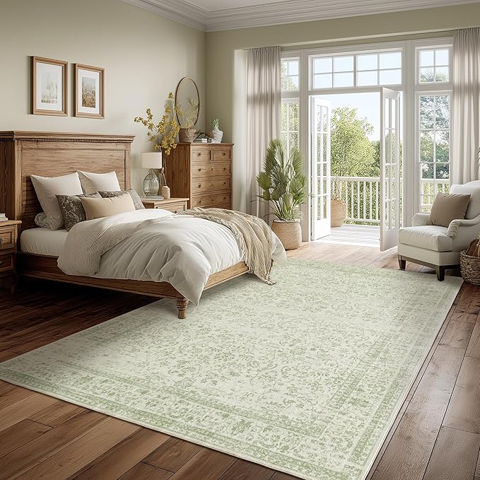Sage Green Area Rug for Bedroom Neutral Boho Farmhouse Floral Distressed Design 5x8 Rug with Washable No Slip Soft 5 by 8 Area Rugs for Living Room Home Office Dining Room Carpet for Under Table