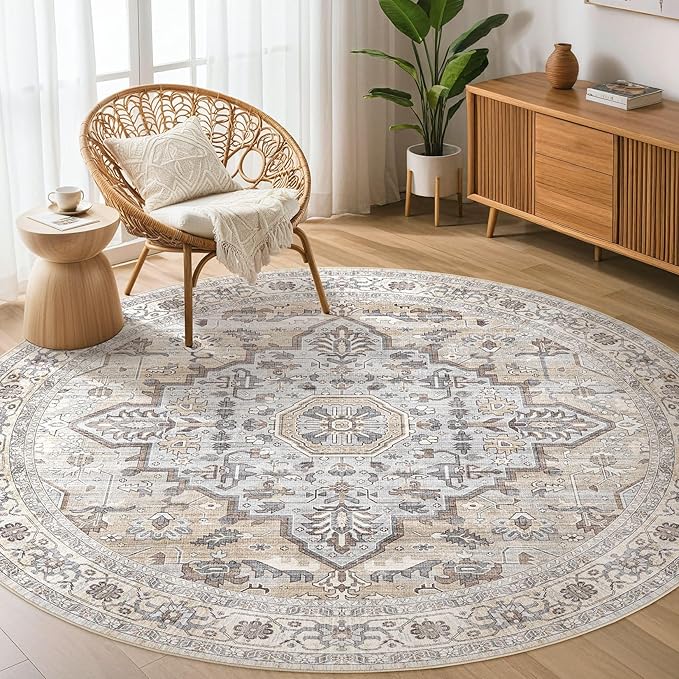Round Rug Living Room Rugs: 4x4 Washable Boho Neutral Small Circle Soft Indoor Distressed Stain Resistant Floor Farmhouse Carpet for Bedroom Nursery Kids Playroom Office Dining Room Dorm- Cream Gray