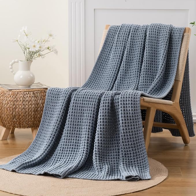 Bunnikins & Clover Blue Grey Throw Blanket for Couch, Thick Warm Soft Cozy Knitted Chenille Throw Blanket for Sofa, Bed, Living Room, 50"x60"