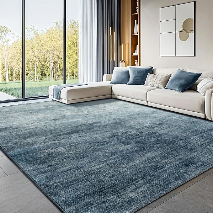 10x14 Washable Area Rug, Blue Solid Area Rugs for Living Room & Bedroom | Stain-resistant & Non-slip backing,Low Pile Washable Large Carpet, Solid Vintage Style For High Traffic Areas(10x14,Blue)