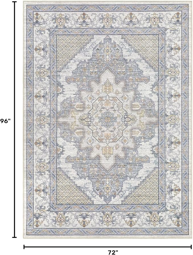 Tortania Area Rug Living Room Rugs - 6x8 Washable Boho Rug Vintage Oriental Distressed Farmhouse Large Thin Indoor Carpet for Living Room Bedroom Under Dining Table Home Office - Blue Beige