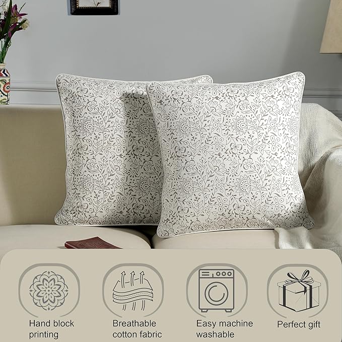 Ridhi Block Print Taupe Pillow Cover 20" x 20" (Pack of 2) Decorative Couch Pillows for Living Room, Chic Boho Cute Outdoor Pillows Covers Gifts for Spring, Easter and Valentine