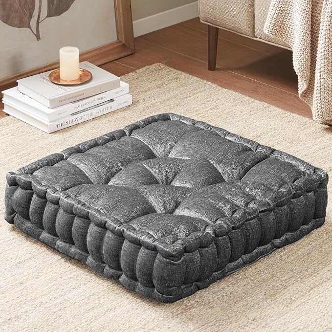 Intelligent Design Azza Floor Pillow, Large Cushions Sitting for Adults, Floor Pillow for Meditation or Yoga, Lustrous Chenille Tufted with Scalloped Edges for Bench/Chair Cushion, 20"x20"x5" Charcoal