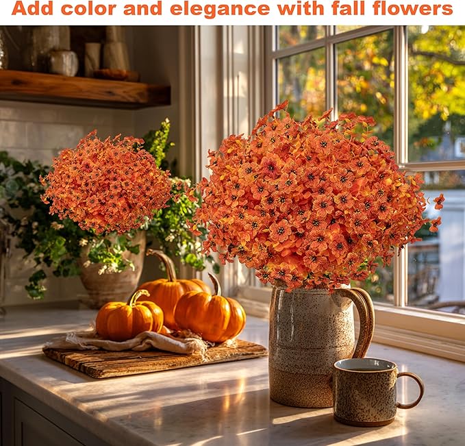 AXYLEX Artificial Fall Flowers Outdoor Fake Mums - 16 Bundles Fake Plants UV Resistant No Fade Faux Plastic Greenery Garden Porch Patio Fall Home Decor (Orangeyellow)