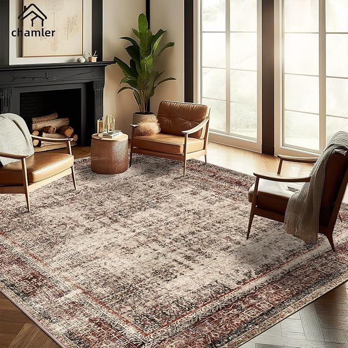 chamler 8x10 Area Rug Washable Vintage Traditional Mat Distressed Indoor Foldable Thin Retro Accent Floral Non Slip Carpet Rugs for Living Room Dining Room Office