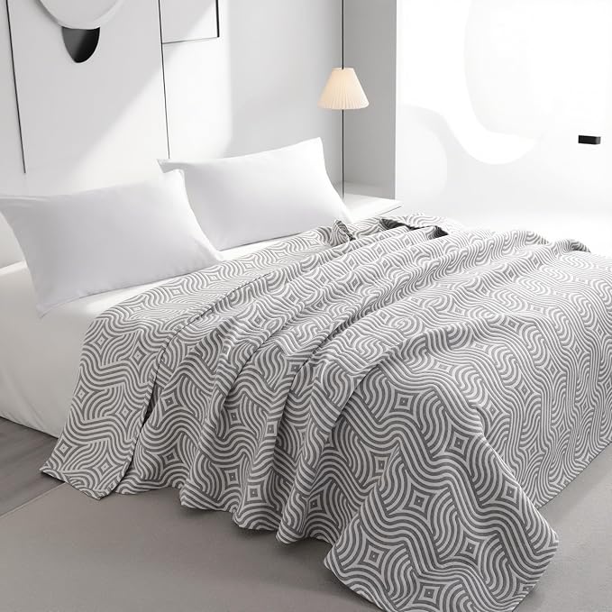 NTBAY 3 Layers Cotton Muslin 106x92 King Bed Blanket, Super Soft Breathable Thermal Yarn Dyed Quilt for Adults, Perfect Lightweight Blanket for Couch Sofa Bed All Seasons, Grey Geometric Ripples