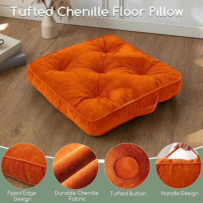 HIGOGOGO Large Floor Pillow Cushion for Adults, Meditation Cushion Pillow with Handle, Lustrous Chenille Tufted, Square Floor Sitting for Tatami Living Room or Yoga, 22x22 Inch, 2Pack, Orange