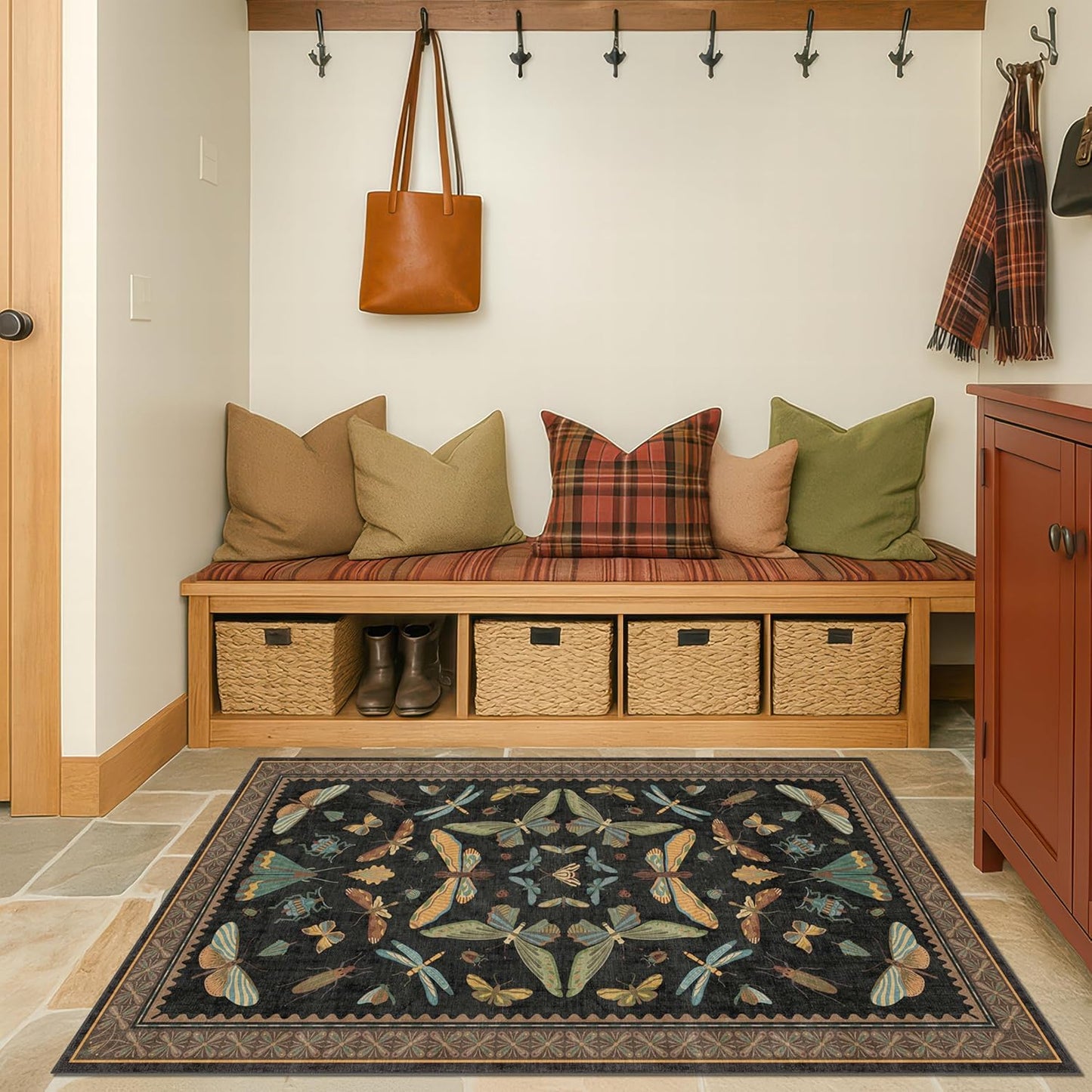 3x5 Entryway Rug Non Slip Washable - Black Throw Rug for Kitchen, Mudroom, Bedroom Bedside, Insect Boho Vintage Aesthetic Décor