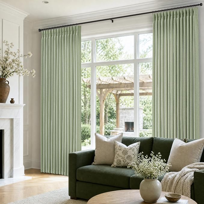 Sage Green Pleated Linen Curtains 84 Inches Length 2 Panels Set Farmhouse Boho Country Semi Sheer Pinch Pleat Drapes with Hooks Rings Aesthetic Decorative Light Green Burlap Spring Curtains Decor