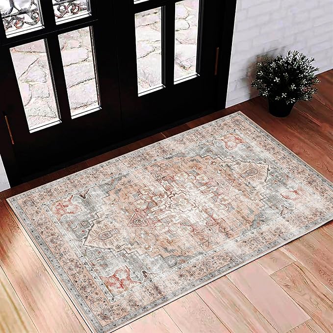 CHAMPLANT 2'x3' Light Cyan and Light red Area Rug Washable Door Mat Vintage Distressed Doormat Indoor Entrance Traditional Thin Floral Print Non Slip Carpet for Kitchen Bathroom Bedroom