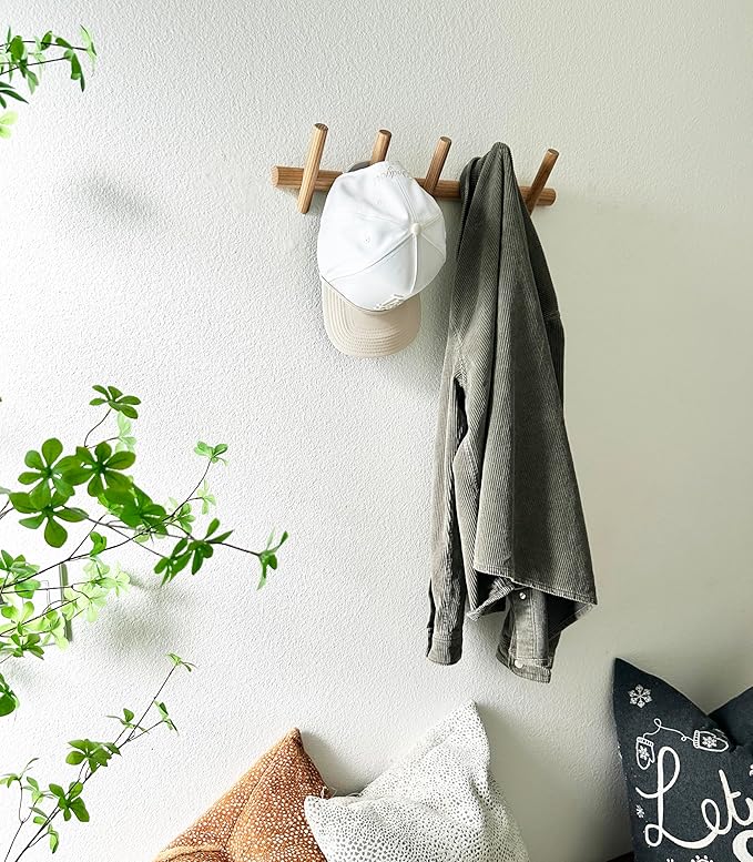 Modern 5-Hook Wooden Coat Rack, Decorative Coat Rack wall Mount for Bags, Hats, Purse, Heavy Duty, Sturdy (Ash White)