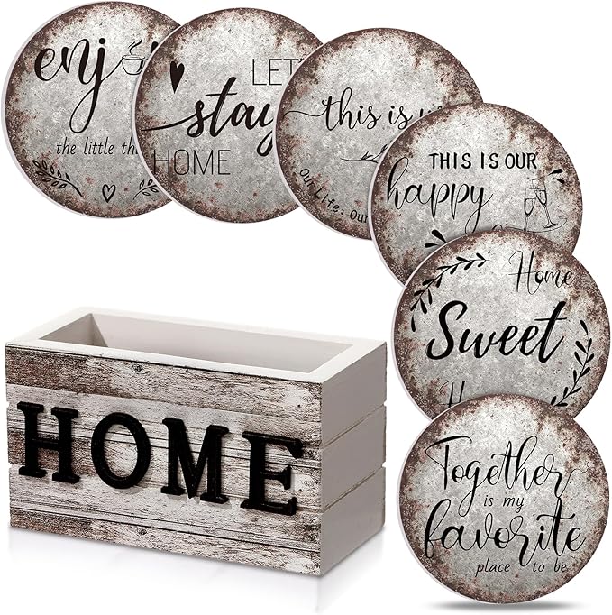 Queekay Coasters Set of 6 House Warming Gifts New Home Wooden Farmhouse Drink Coasters with Holder 4'' Funny Decoration for Kitchen Family Coffee Bar Tabletop Protection(Rust Color)