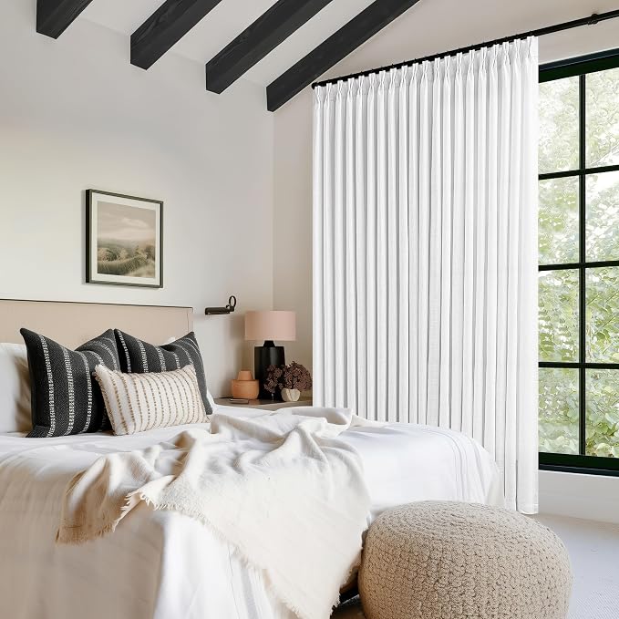 Extra Wide Pinch Pleated Linen Curtains 84 Inches Long 100 Inch Width for Living Room Bedroom Light Filtering Semi Sheer Pleat White Window Curtain Boho Pinch Pleated Drape Hooks Rings 1 Panel 100x84